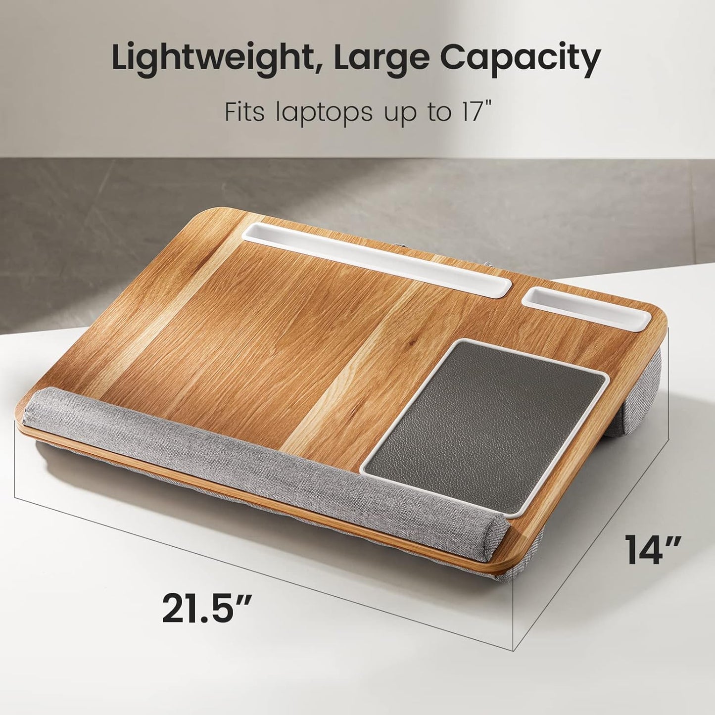 Totnz Lap Desk, Home Office Laptop Desk Fits up to 17 inches with Mouse Pad, Wrist Pad, Tablet, Pen & Phone Holder, Laptop Stand for Reading, Writing and Working, Wood Grain (TZLD3)