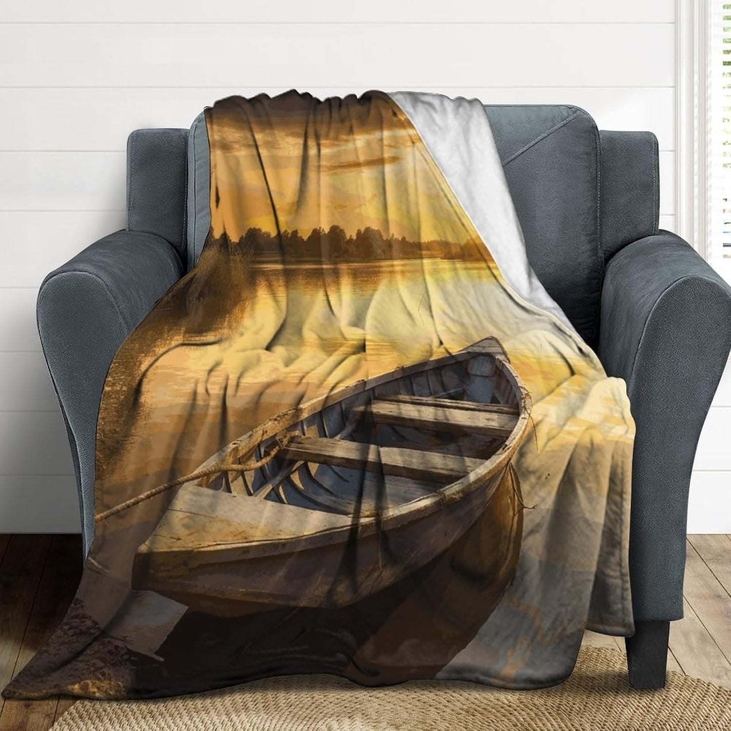 River Sunset Wooden Boat Blanket Super Soft Lightweight Throw Blanket Cute Cozy Warm Bed Blanket Decorative Fuzzy Blanket All-Season Home Decor Gift for Sofa Couch Living Room 30"*40"（76 * 100cm）