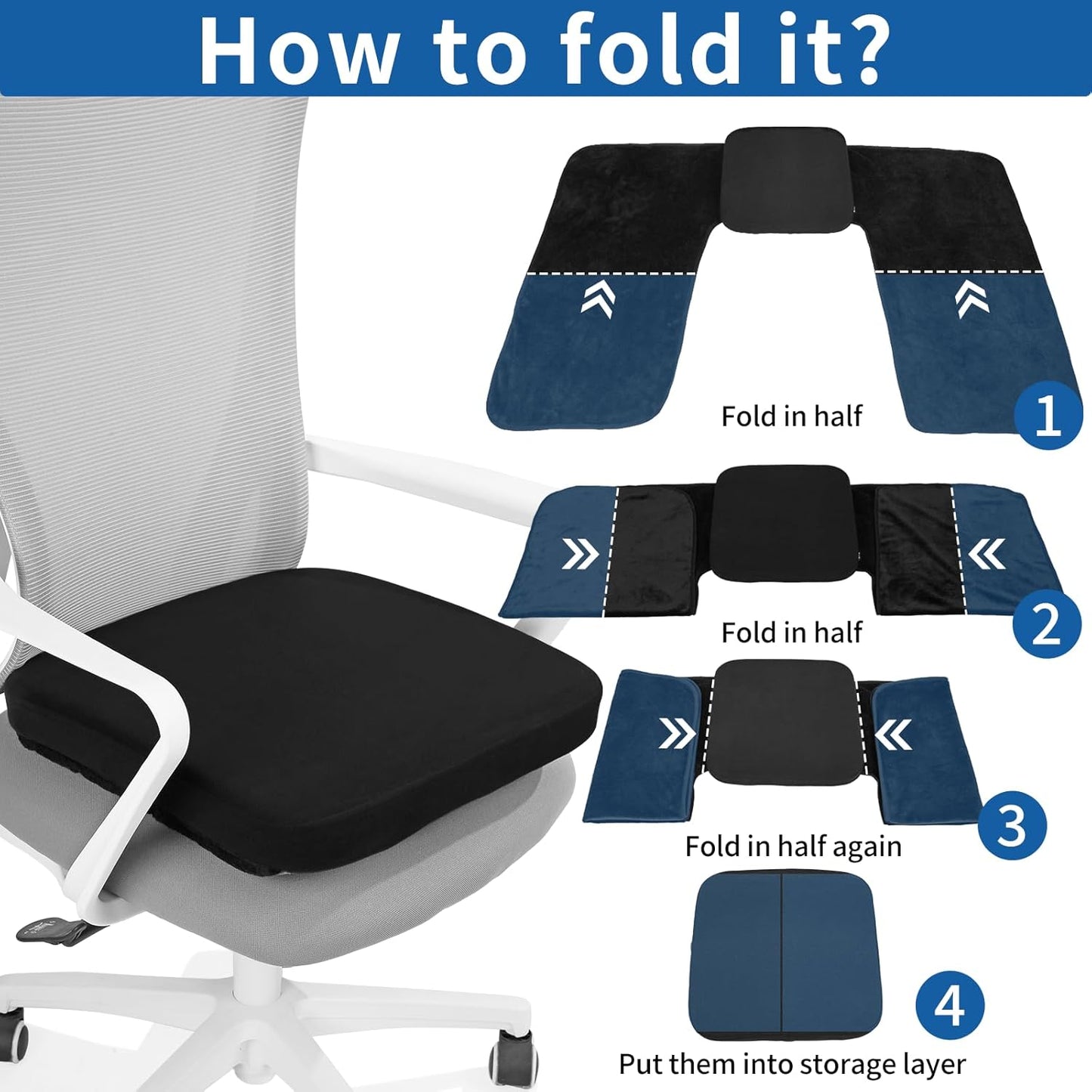 BUYUE Thickened/Leg Covering Office Chair Cushion with Blanket 2 in 1, 2" Foam Seat Cushion with Soft Fleece Foldable Legwarmer for Sitting, Non-Slip Comfort Home Desk Chair Pad, Black