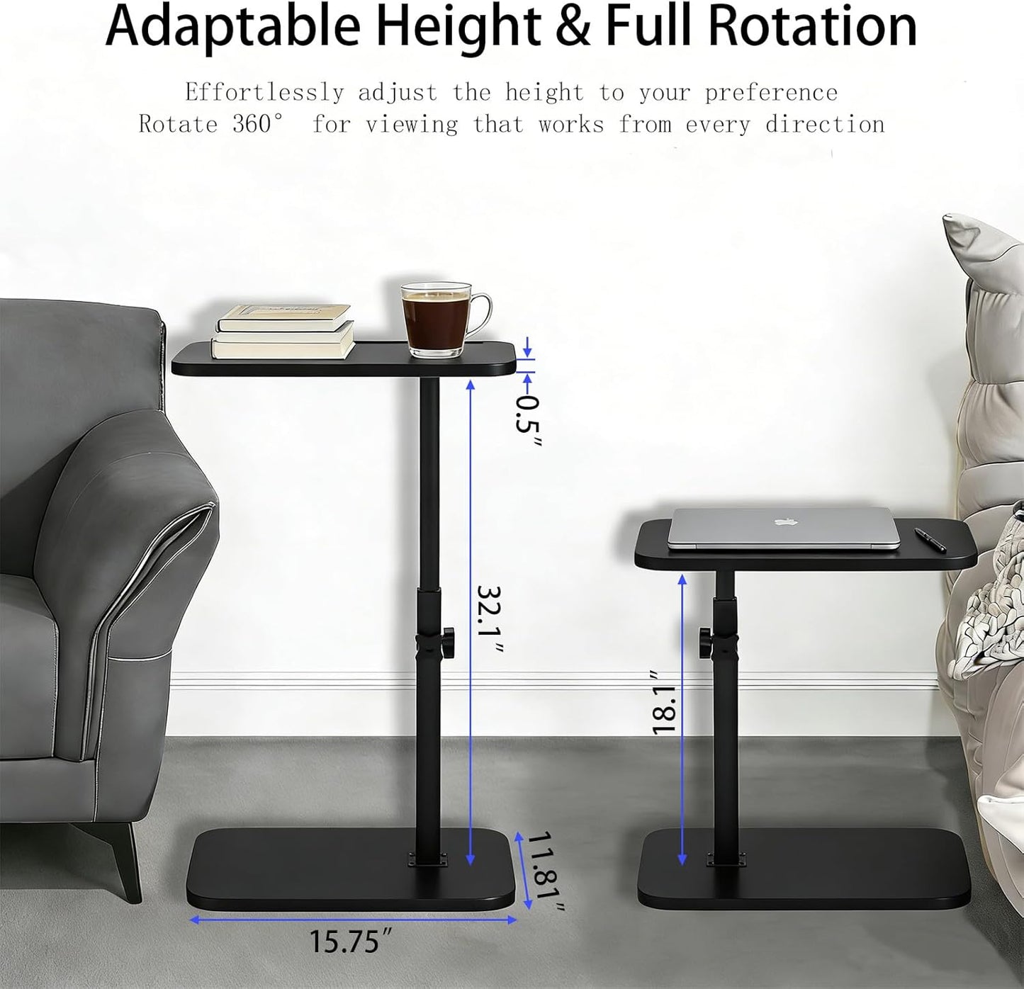 TV Tray Table for Couch, 360° Swivel Height Adjustable TV Tray Table, C Shaped End Table Slides Under Sofa, Snack & Laptop Side Tray for Small Spaces, Black