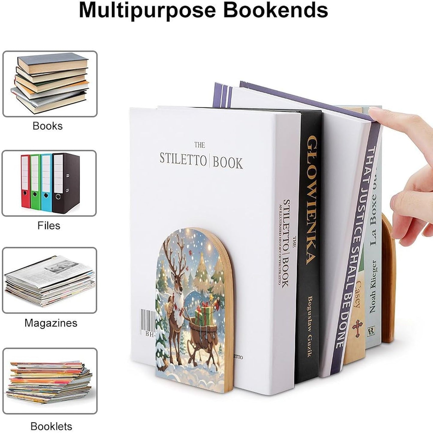 Reindeer Delivering Bookends 1 Pair Heavy Duty Book Ends for Shelves Non-Skid Bookend Supports Wooden Book Holders with Metal Base Desk Organizers Books Storage to Hold Books