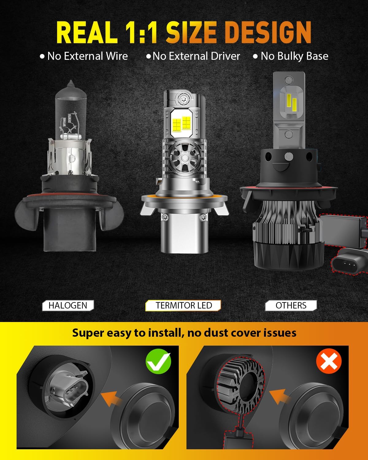 2026 9008/H13 Light Bulbs High/Low Beam, 50,000LM 1200% Brightness, 60K+ Hours Lifespan, 6500K Cool White, Real 1:1 Mini Size, 3Min+ Quick Installation, Plug N Play, Pack of 2