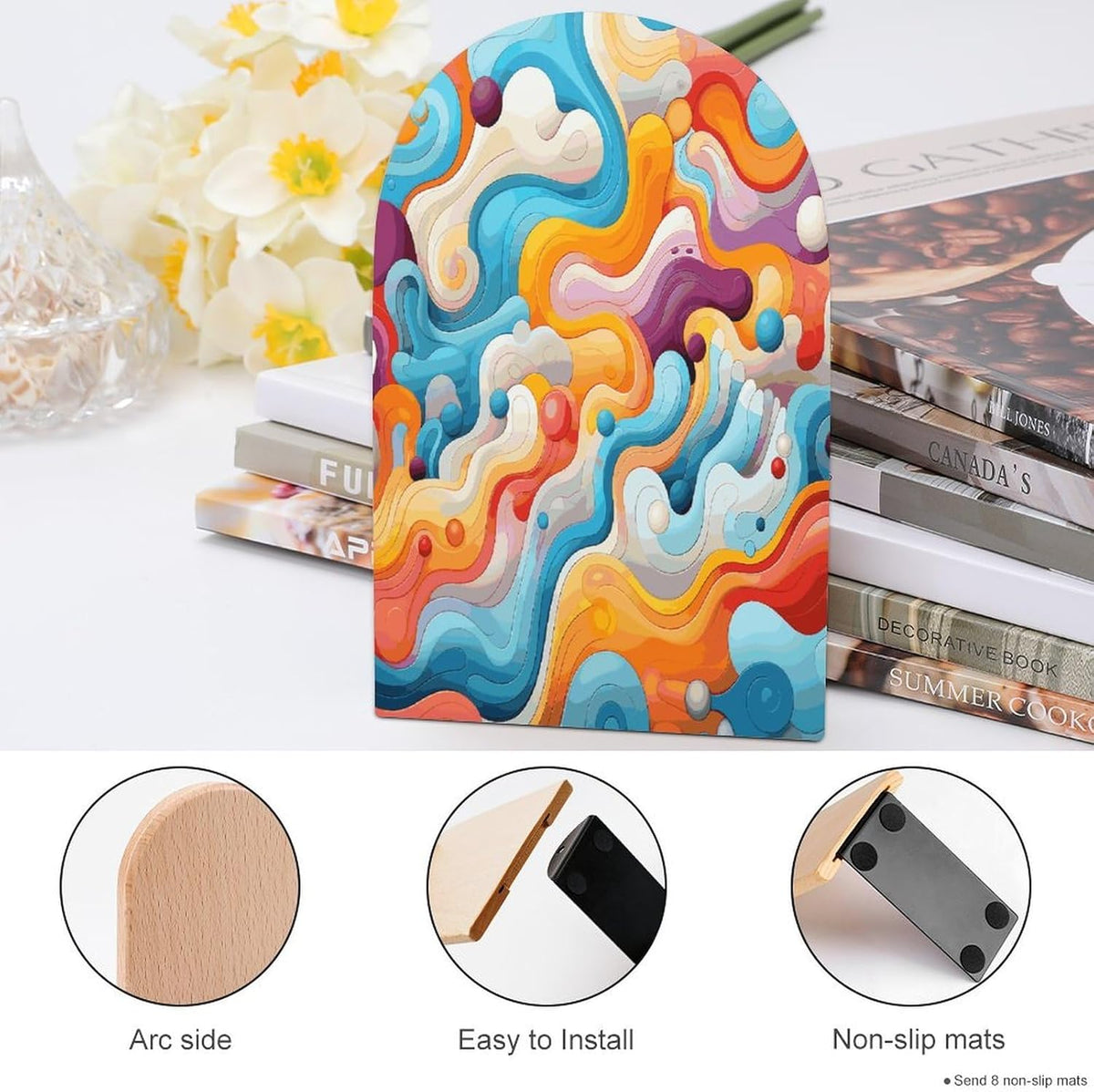 Non-Slip Bookend for Shelves Cartoon Lines Wooden Bookends with Metal Base Decorative Book Stopper for Home Heavy Duty Wood Book Storage for Books/CDs
