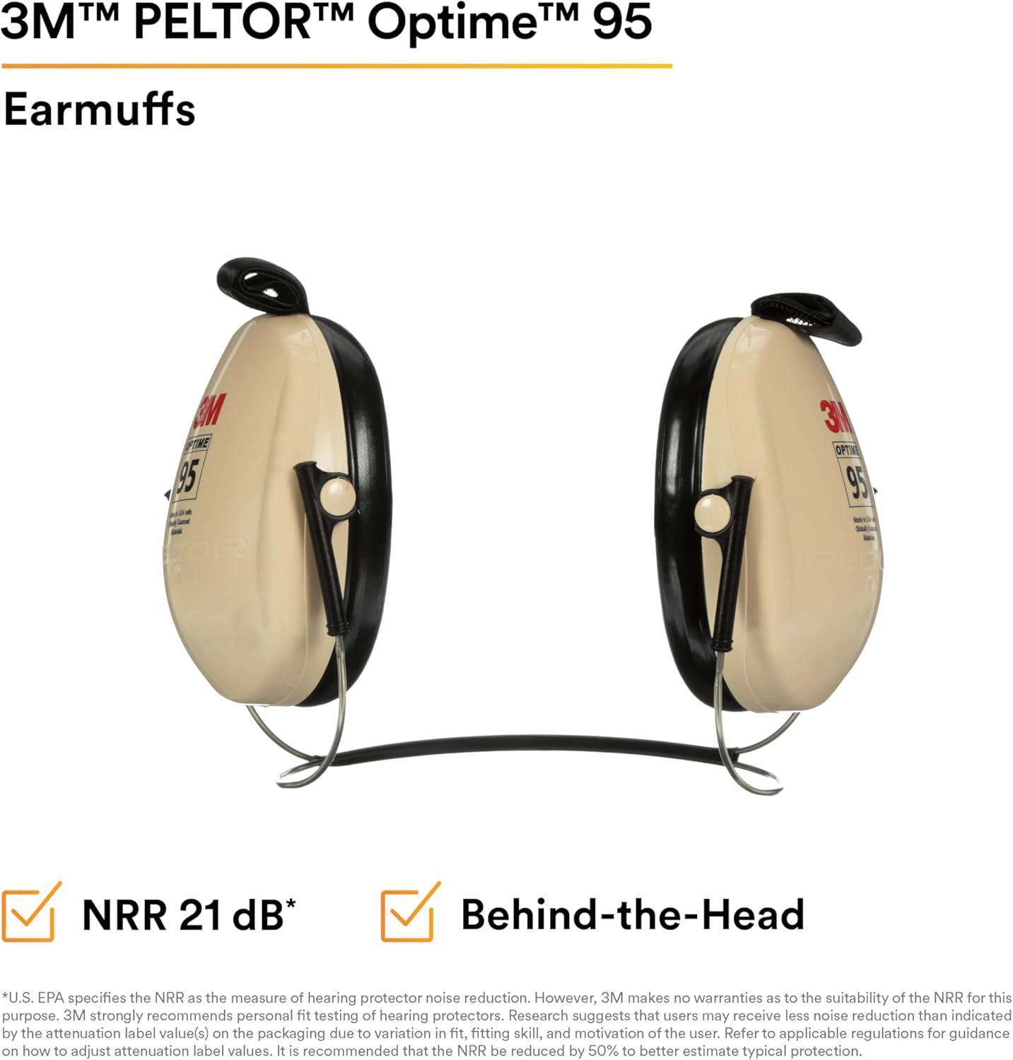 3M PELTOR Hearing Protection Optime 95 Earmuffs, Adjustable Earcups, E-A-Rfit Compatible, Stainless Steel