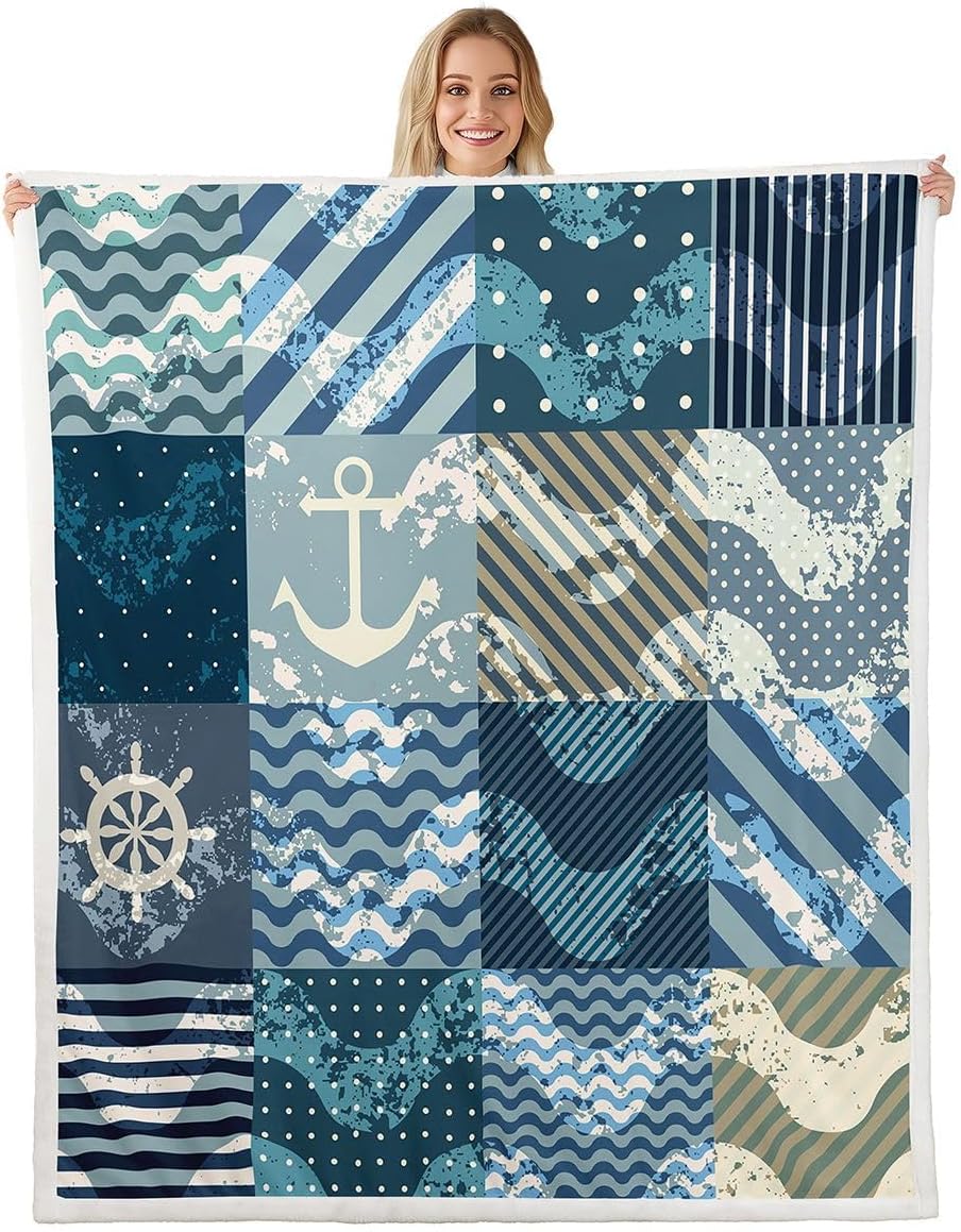 Ocean Nautical Soft Cozy Fleece Blankets Geometric Grid Stripes Fleece Flannel Throws Anchor Rudder Sea Wave Throw Blankets Buffalo Lattice Polka Dot for Sofa Bed Couch,Throw 50x60 Inch