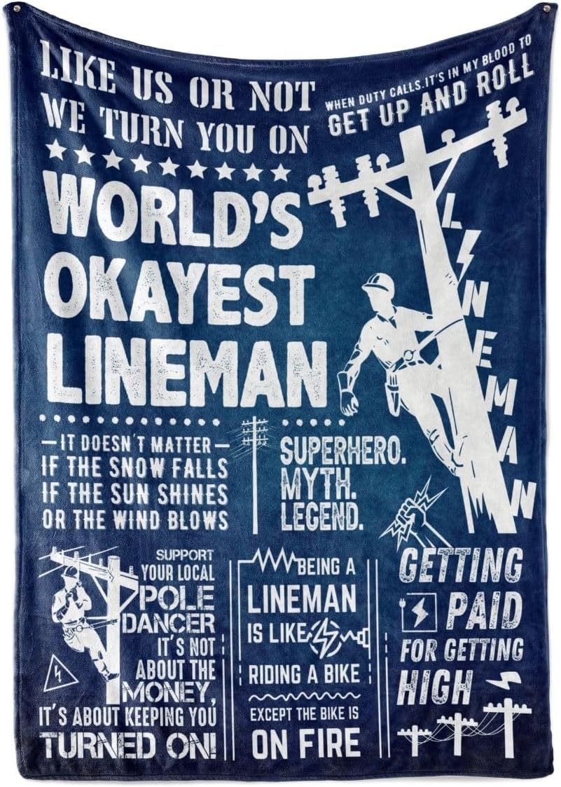 Lineman Funny Gifts, Bed Flannel Plush Blankets Throw, for Electrician, Dad, Husband, Father's Day, Christmas, Birthday (50"x 65")
