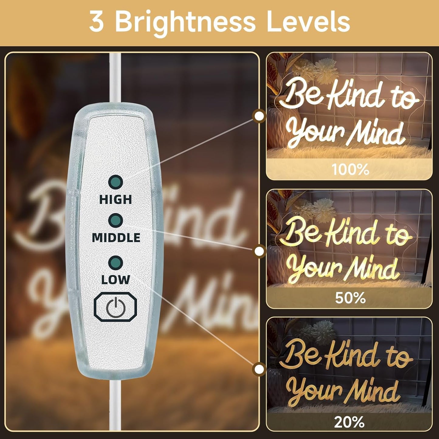 Be Kind to Your Mind Neon Sign Dimmable Led Neon Lights for Wall Decor USB Encouragement Word Neon Light Up Signs for Bedroom Home Bar Office Study Room Wedding Birthday Party Teens Girls Gifts