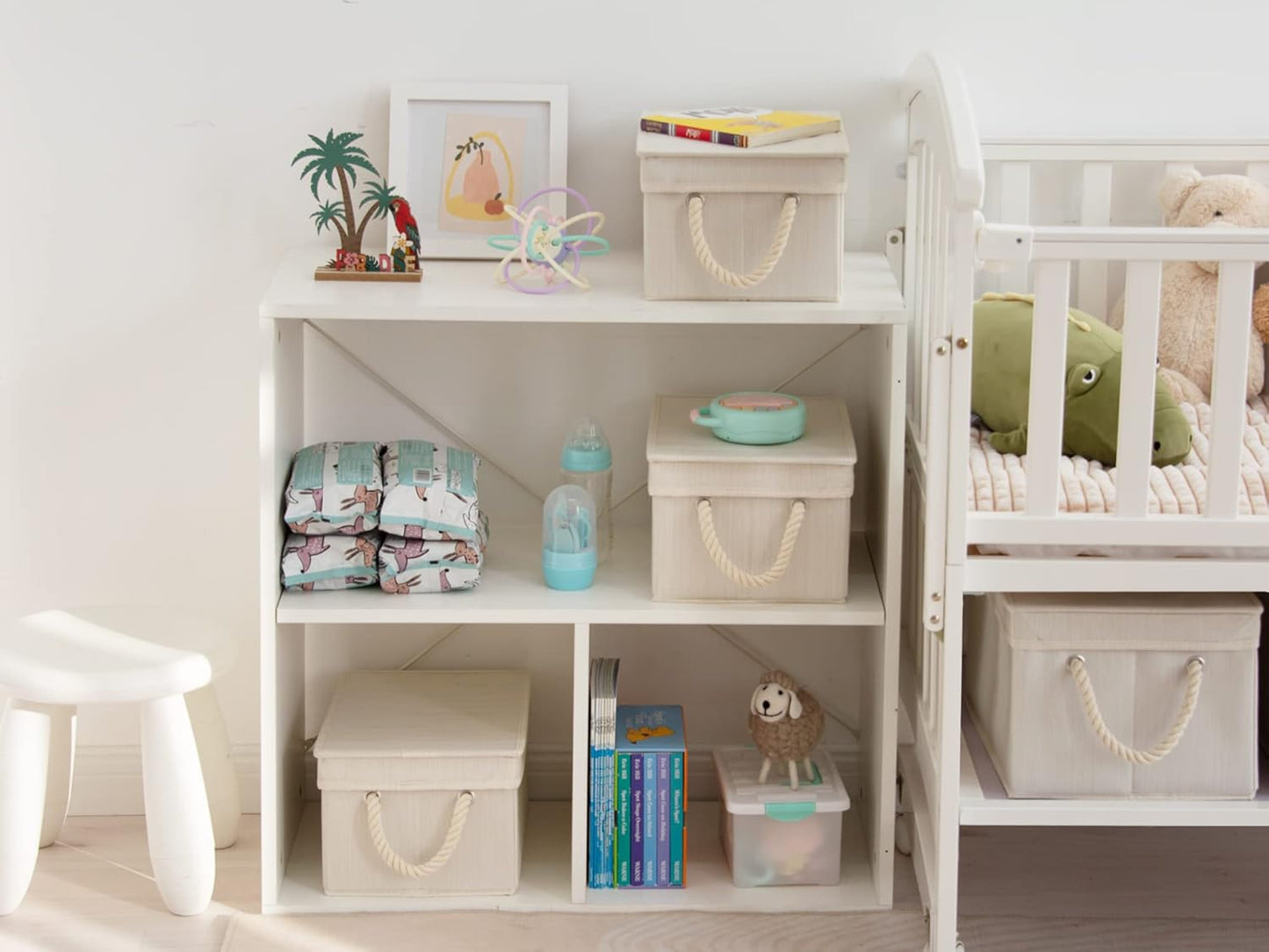 StorageWorks Storage Bins with Lids, Decorative Storage Boxes with Soft Rope Handles, Foldable Stackable Storage Baskets for Closet, Shelves, 3-Pack, Ivory and White, Medium