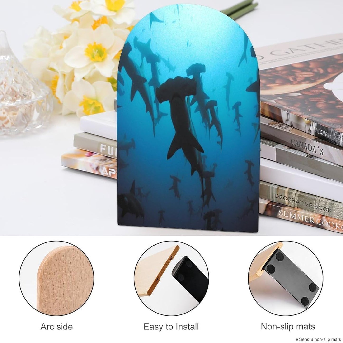 Hammerhead Sharks Wooden Bookend Non-Slip Book Ends Heavy Duty Book Stopper with Metal Base Books Holderd Decorative Bookends Stands Firmly for Office Supplies