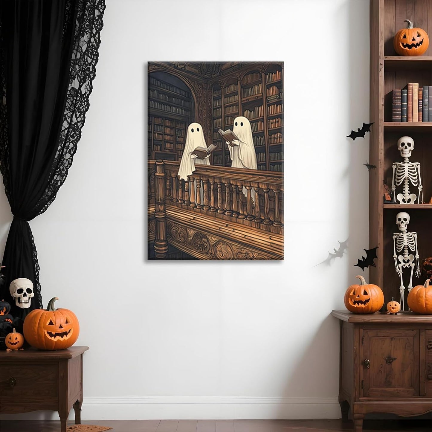 Moody Halloween Wall Art Two Cute Ghosts in A Library Poster Spooky Ghost Decor Dark Academia Canvas Print Reading Book Aesthetic for Living Room Apartment Bedroom 12x16inch Unframed