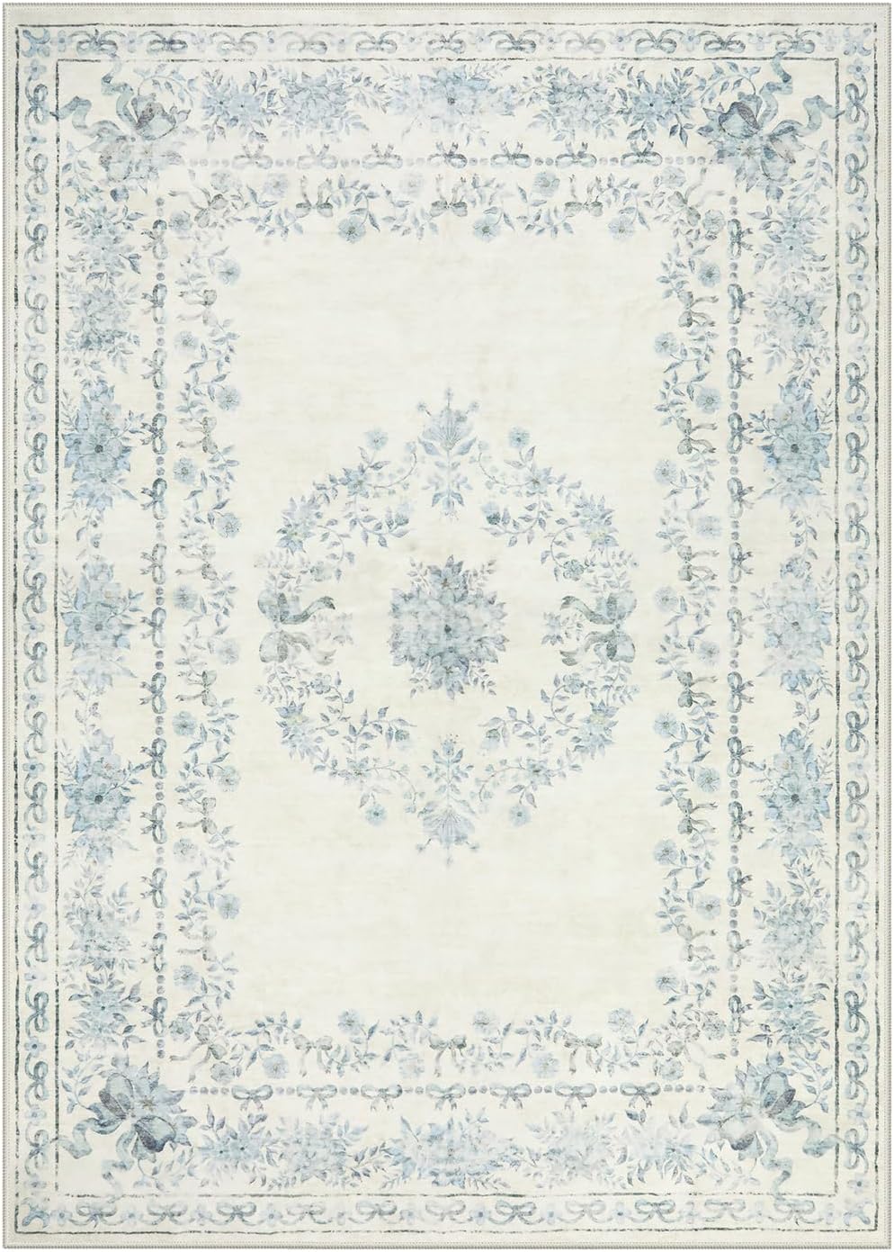 Wonnitar Bow Floral 5x7 Washable Rug, Blue Area Rug for Kids Room, Ultra-Thin Non Slip Soft Neutral Aesthetic Decor Carpet for Living Room Farmhouse Dining Room Office Playroom