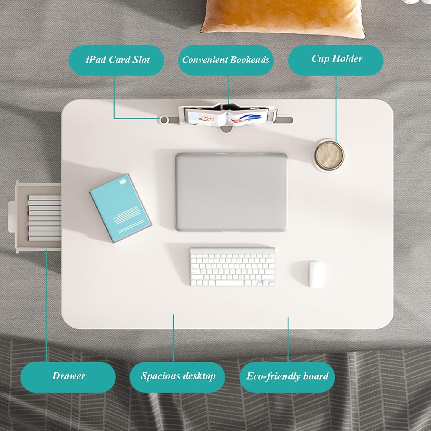 Foldable Movable Overbed Table, Hospital Bed Table with Bookcase, Drawer, Card Slot and Cup Holder, Adjustable Height Over Bed Table for Writing, Eating, Reading and Hobbies