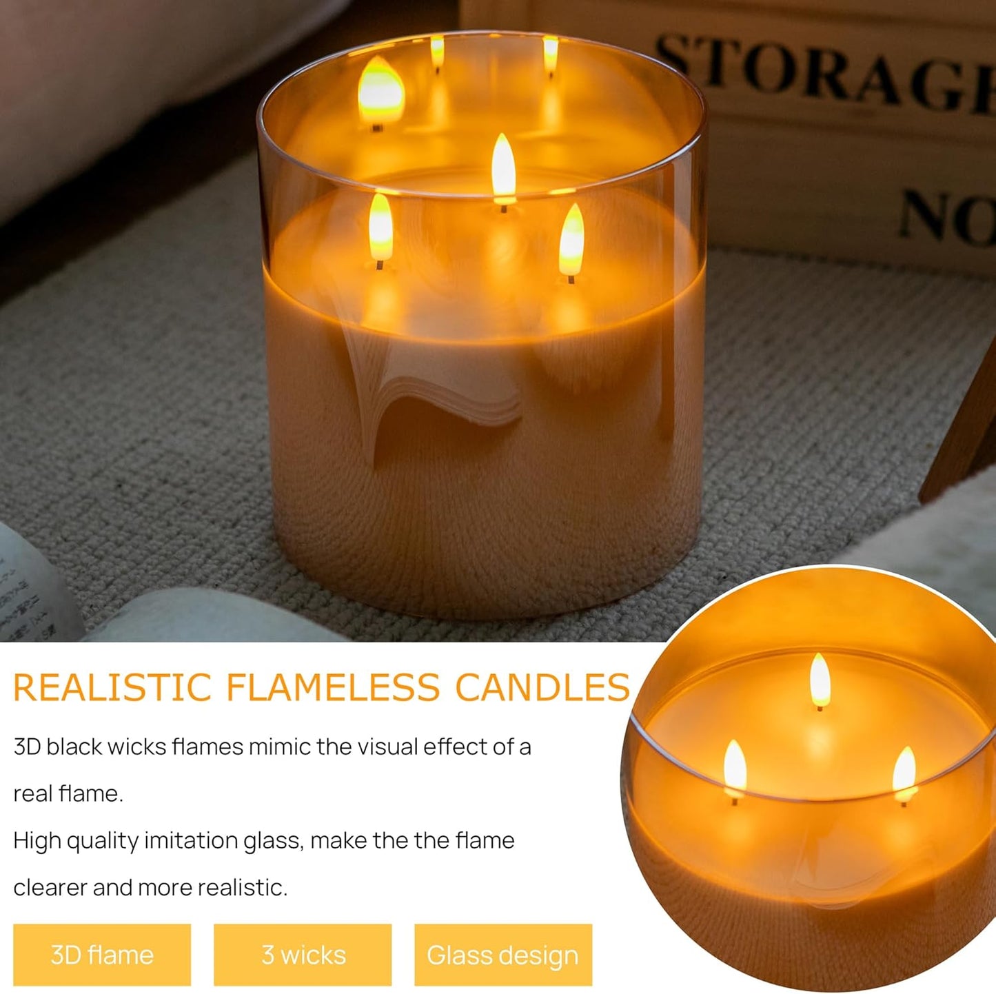 Extra Large Flameless Candles with 3 Wicks, 6"x6" Glass Battery Operated Candles with Remote, Real Wax Flickering LED Candles Fake Candle for Home, Wedding, Party, Glod