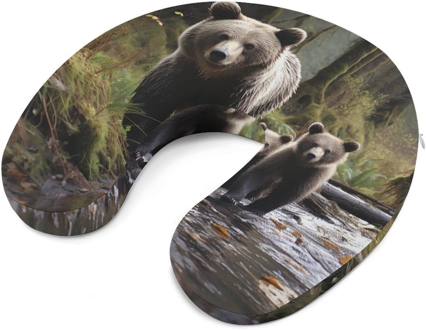 Mother Bear and Her Cubs Neck Pillow Memory Foam U Shaped Pillows Portable Pillows for Shoulder Travel Head Support Pillow with Concealed Zipper for Airplane Car Home Office