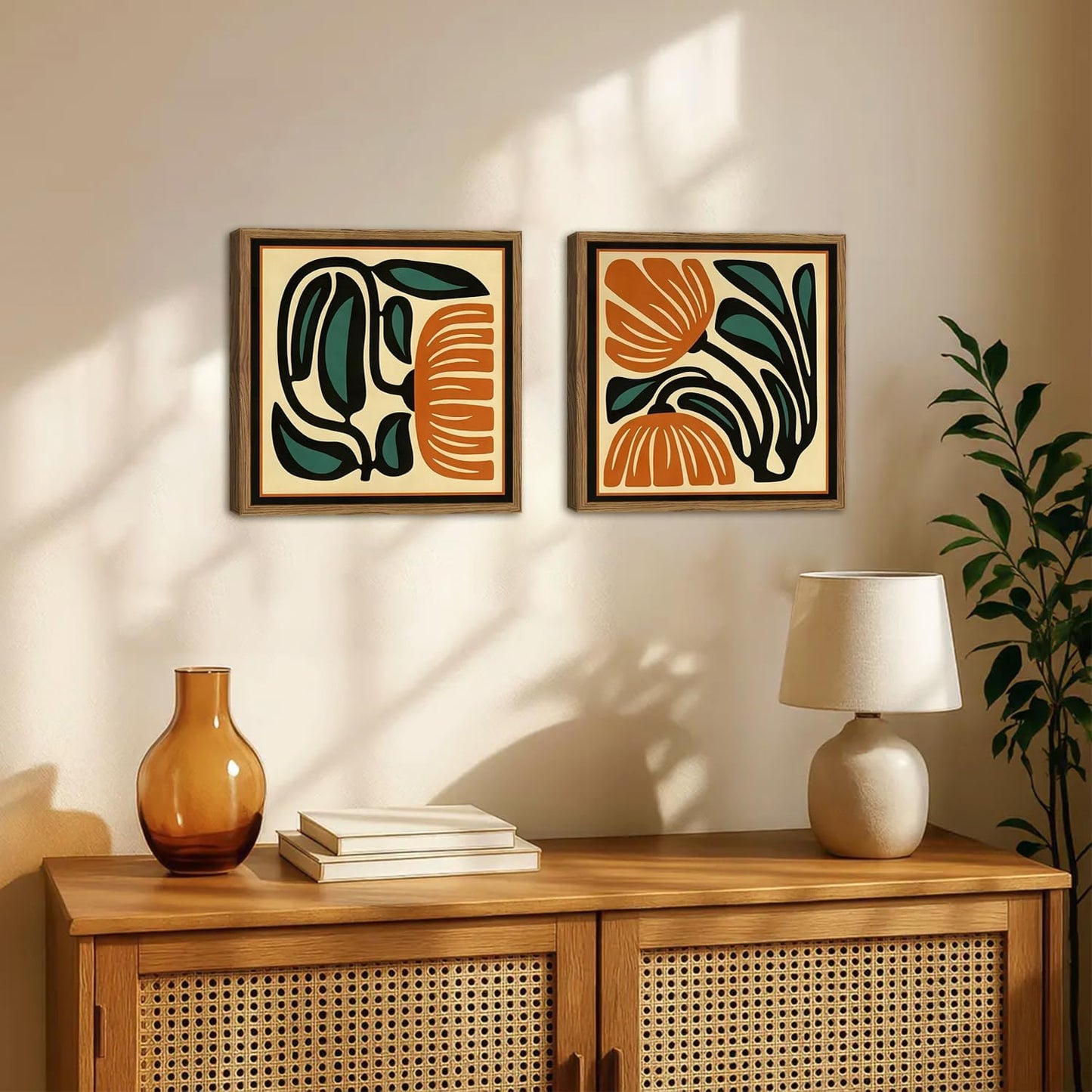 Mid Century Floral Wall Art Set of 2, Modern Square Abstract Botanical Wall Decor Picture, Vintage Boho Eclectic Plant Canvas Prints Paintings for Bedroom Living Room 16x16 inch Wood Framed