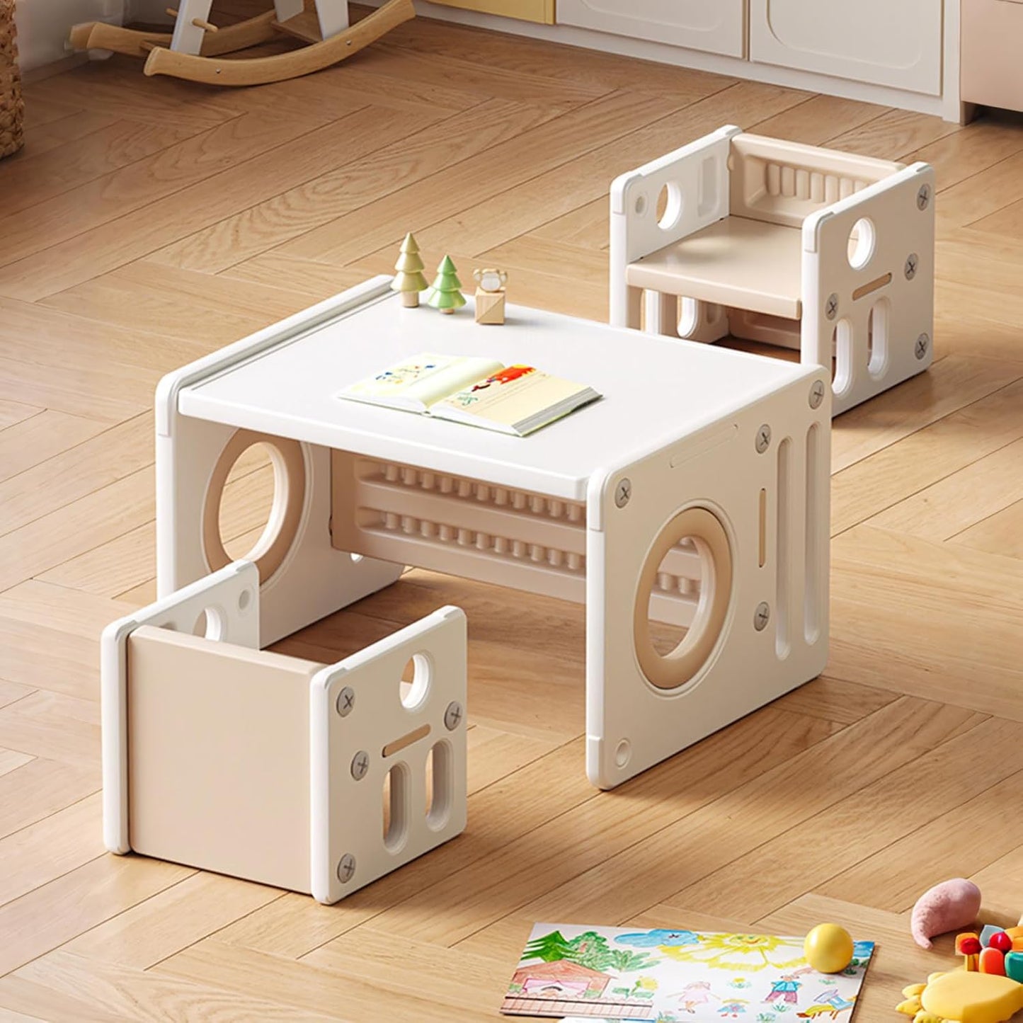 PakaLife Kids Table and Chairs Set with Storage,Multi-Functional Toddler Table and Chair Set for Bedroom & Study Room, Quality Solid Height Adjustable Kids Desk for Reading/Eating/Playing