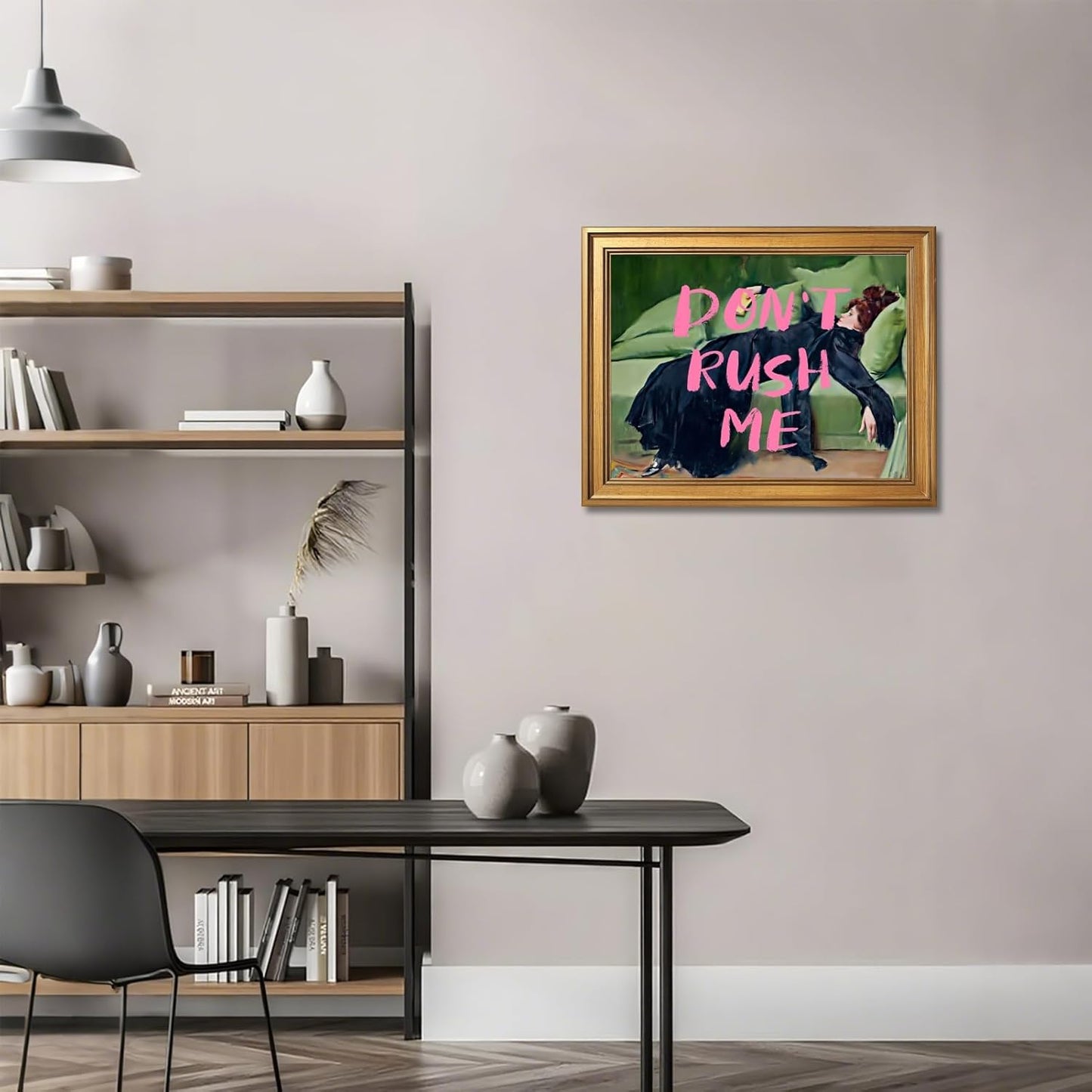 Large Framed Don't Rush Me Wall Art Vintage Altered Portrait Feminist Poster Pink Graffiti Funny Motivational Quote Canvas Painting Victoria Woman Print for Girly Bedroom Home Decor 24x36inch
