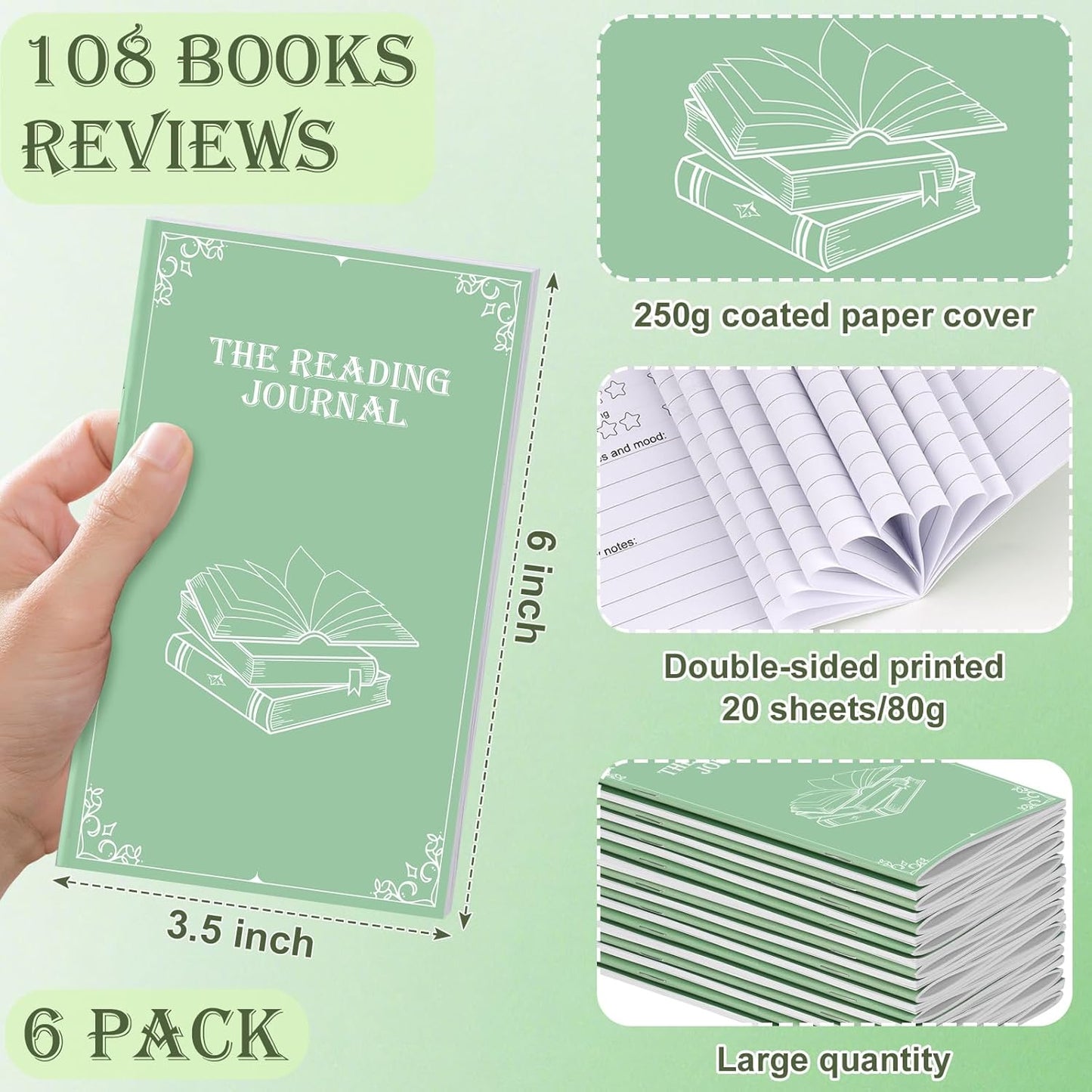 6 Pack Reading Journal for Book Lovers 18 Books Reviews Per Pack Reading Log Tracker with Review Pages Mini Book Journal 3.5" x 6" Bookish Gift for Readers Green 20 Sheets 80gsm Duplex Inner Pages