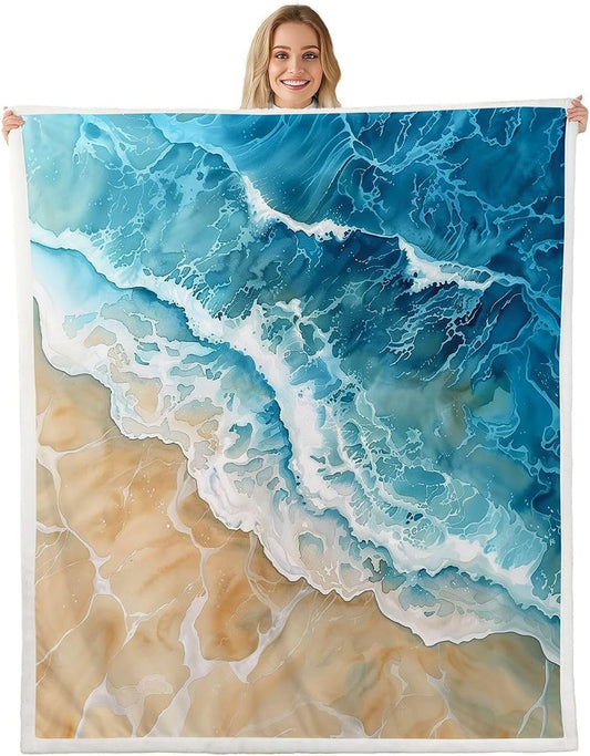 Feelyou Beach Wave Throw Blanket Coastal Sand Soft Fleece Sherpa Cozy Fuzzy Plush Warm Tropical Shore Fuzzy Plush Throw Ocean Themed Queen 90"x90" Seaside Gradient for Bed Couch Living Room