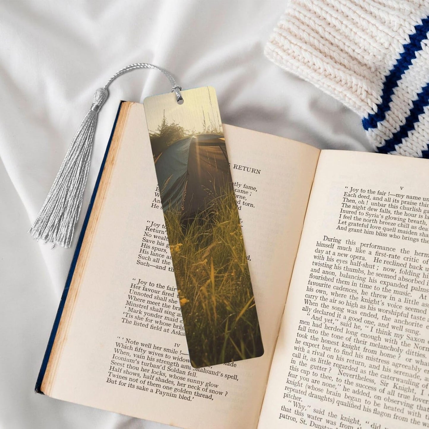 Tent in The Sun Bookmarks Gifts for Women Men, Wooden Bookmarks for Book Lovers, Vintage Book Marks Ornaments with Tassel, Unique Personalized Reading Page Markers Gray
