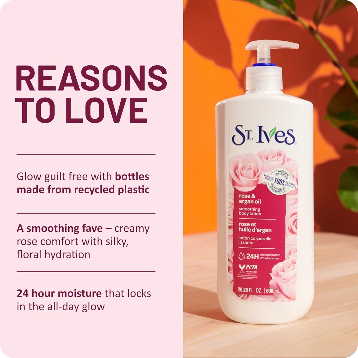 St. Ives Smoothing Hand & Body Lotion for Women with Pump, Daily Moisturizer Rose and Argan Oil for Dry Skin, Made with 100% Natural Moisturizers, 21 fl oz, 4 Pack