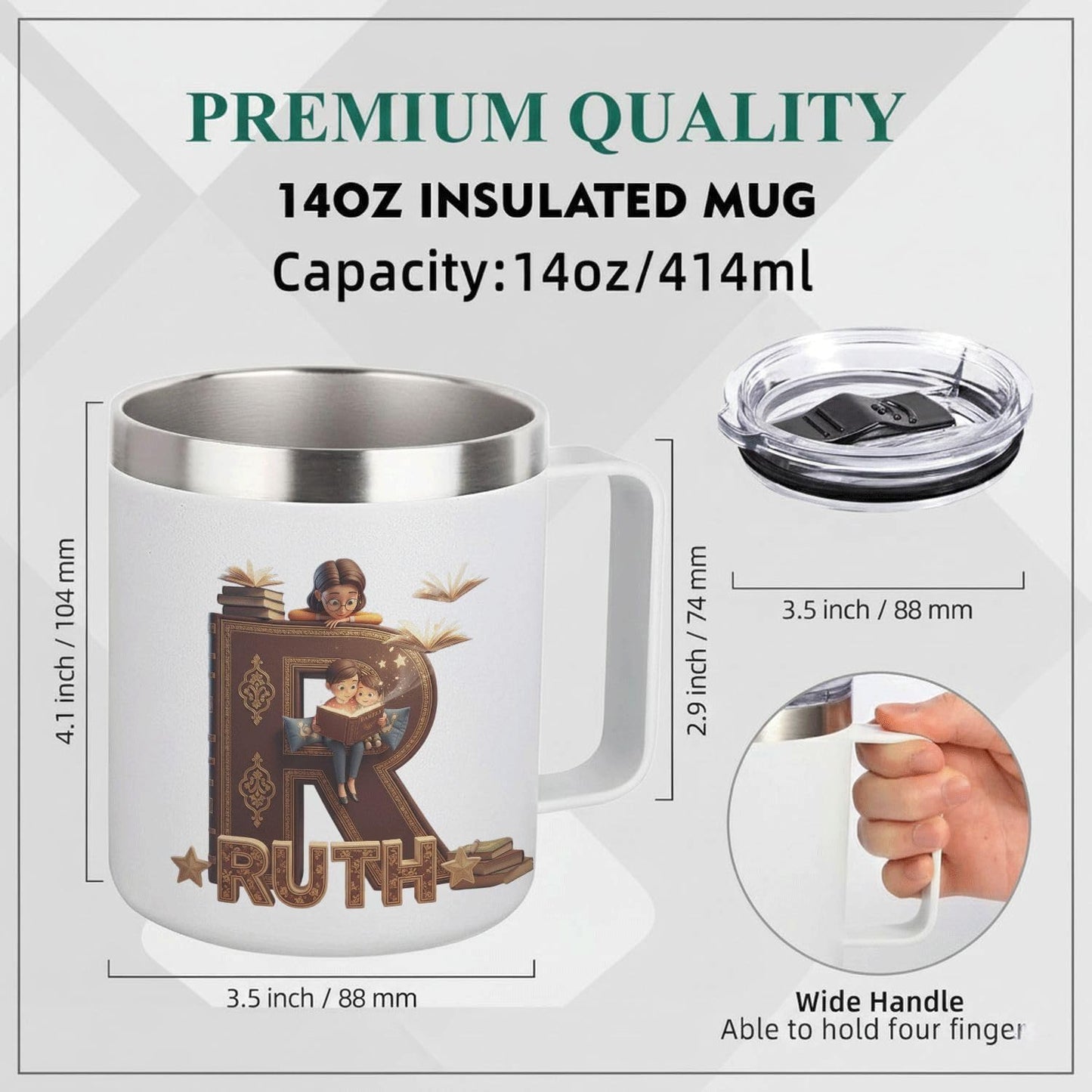 Personalized Ruth Gifts for Women Book Lovers - Initial R Monogram Coffee Mug with Lid and Handle, 14oz Insulated Stainless Steel Tumbler, Cute Book Themed Gifts for Readers, Her