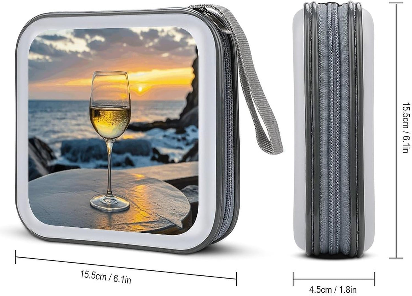 Sunset Wine Glass CD Case Portable Zipper CD Case 40 Capacity Hard Plastic DVD Cases Holder Large Storage Disc Wallet Bag for Car Home Travel DVD Collection Bag
