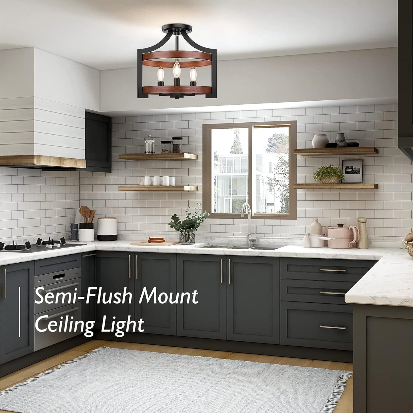 3-Light Farmhouse Chandelier, 14.5” Pendant Hanging Lighting Adjustable Height, Convertible Vintage Semi Flush Mount Ceiling Light Fixture, Rustic Chandeliers for Dining Room Foyer Entryway Kitchen