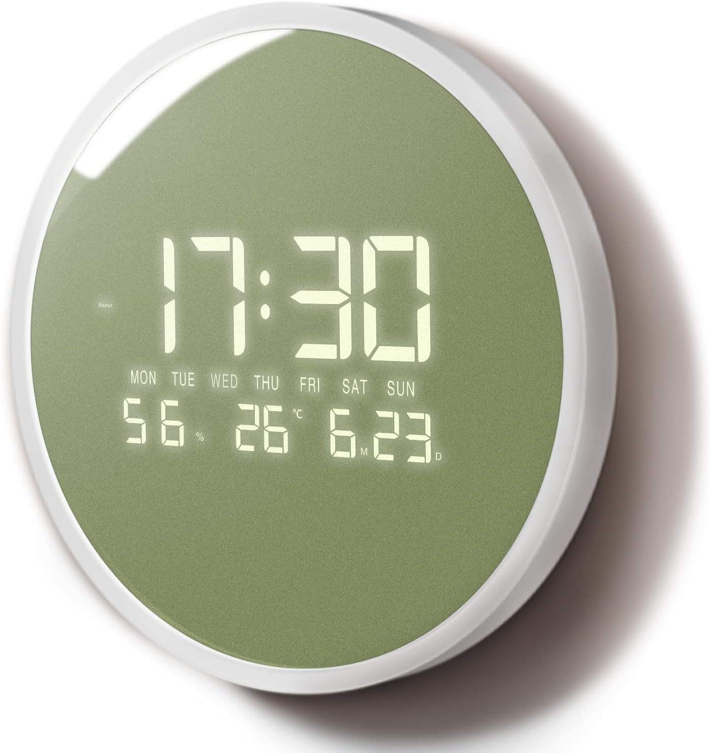 LED Digital Wall Clock with Temperature Humidity Display Auto Light Sensor 12/24H Format Large Number Calendar Modern Decorative 12-Inch Round Clocks for Living Room Bedroom Office Kitchen