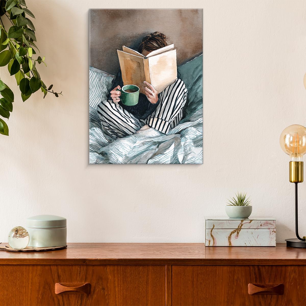 Minimalist Reading Woman Wall Art Decor Bookish Woman in Striped Bed Print Picture Book Lover Wall Decor for Home Bedroom 11x15 Inch Canvas Framed