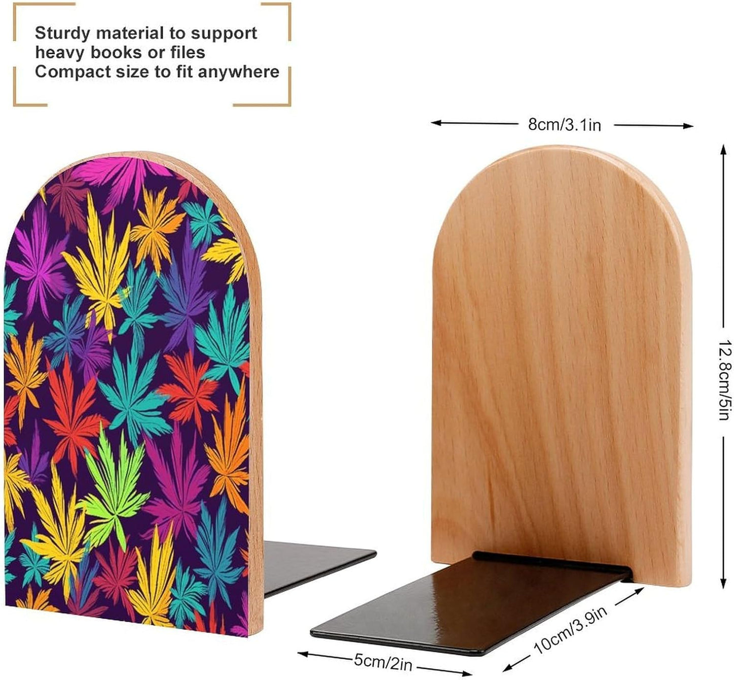 Bright Colorful Weed Pattern Bookends 1 Pair Heavy Duty Book Ends for Shelves Non-Skid Bookend Supports Wooden Book Holders with Metal Base Desk Organizers Books Storage to Hold Books
