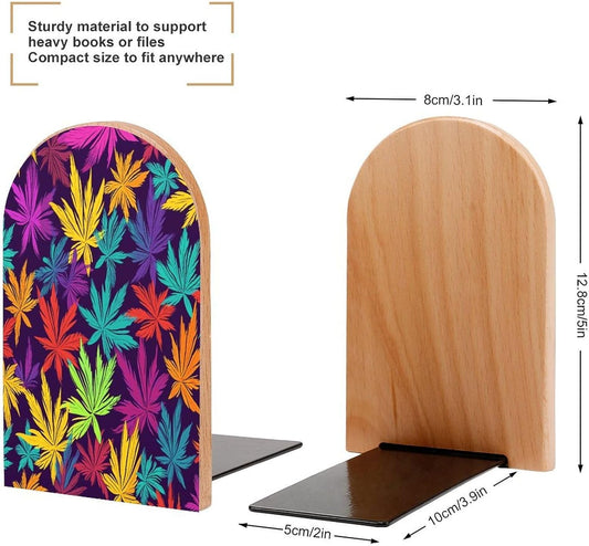Bright Colorful Weed Pattern Bookends 1 Pair Heavy Duty Book Ends for Shelves Non-Skid Bookend Supports Wooden Book Holders with Metal Base Desk Organizers Books Storage to Hold Books
