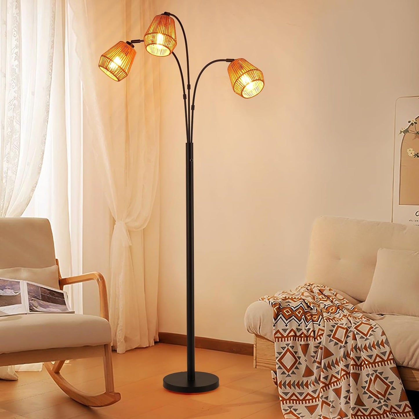 9MMML Vintage Black Arc Floor Lamp with Rotatable Arms & Rattan Lampshade, 3-Light Mode Rotary Switch Adjustable, 72.5'' Tall Standing Lamp for Living Room, Bedroom, E26 Base
