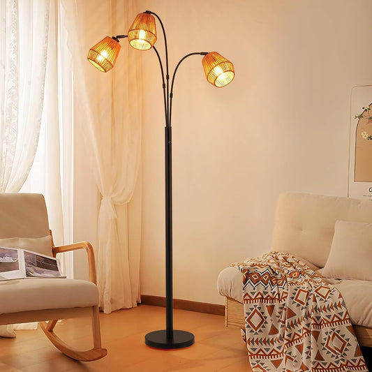 9MMML Vintage Black Arc Floor Lamp with Rotatable Arms & Rattan Lampshade, 3-Light Mode Rotary Switch Adjustable, 72.5'' Tall Standing Lamp for Living Room, Bedroom, E26 Base