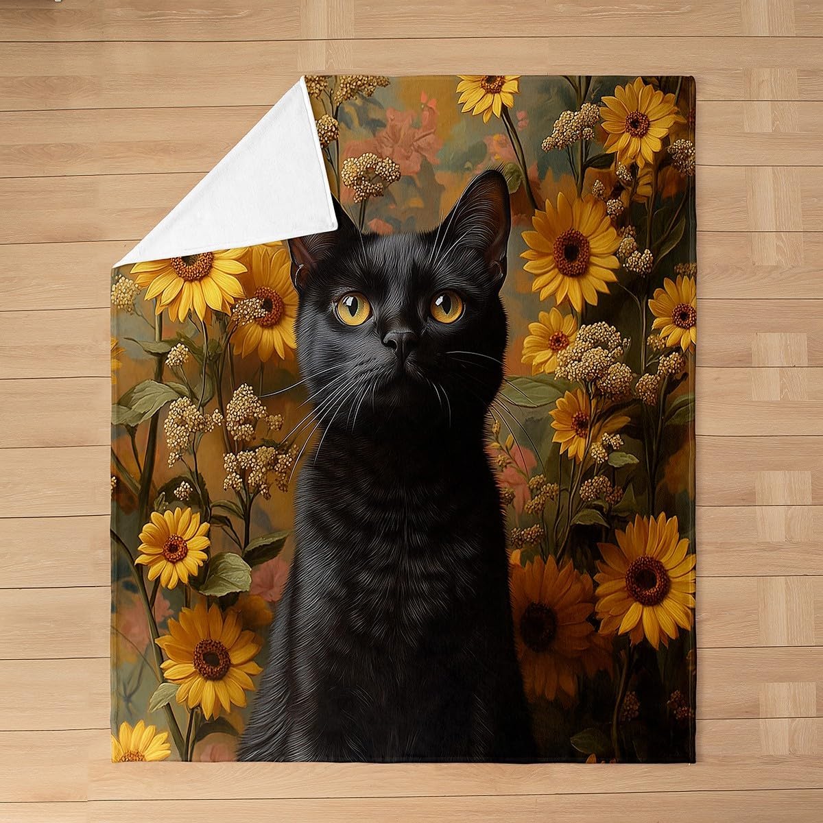 Feelyou Sunflower Black Cat Plush Throw Blanket,Floral Black Cat All Season Bed Blanket Queen 90"x90",Kids Boys Girls Room Decor,Vintage Black Cat Flannel Fleece Blanket,Animal Cat Blanket