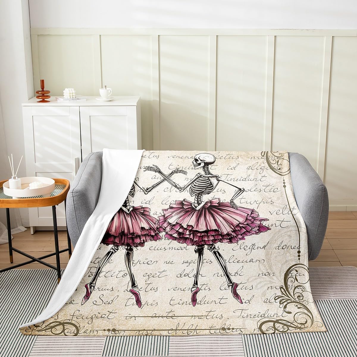 Castle Fairy Ballet Skeleton Girls Blankets,Ballet Dancer Flannel Blanket for Kids Teens Women Room Decor,Vintage Brown Western Fleece Blanket Dancing Lover Sherpa Blanket,for Chair/Sofa,50"×60"