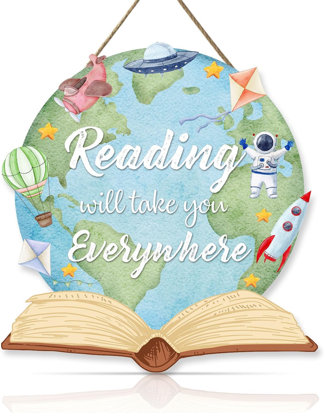 OLMIXA Earth Reading Book Wooden Hanging Sign (11.6x12.2inch), Reading Will Take You Everywhere Inspirational Quote Door Hanger Sign, Educational Reading Sign for Library Study Classroom Decor
