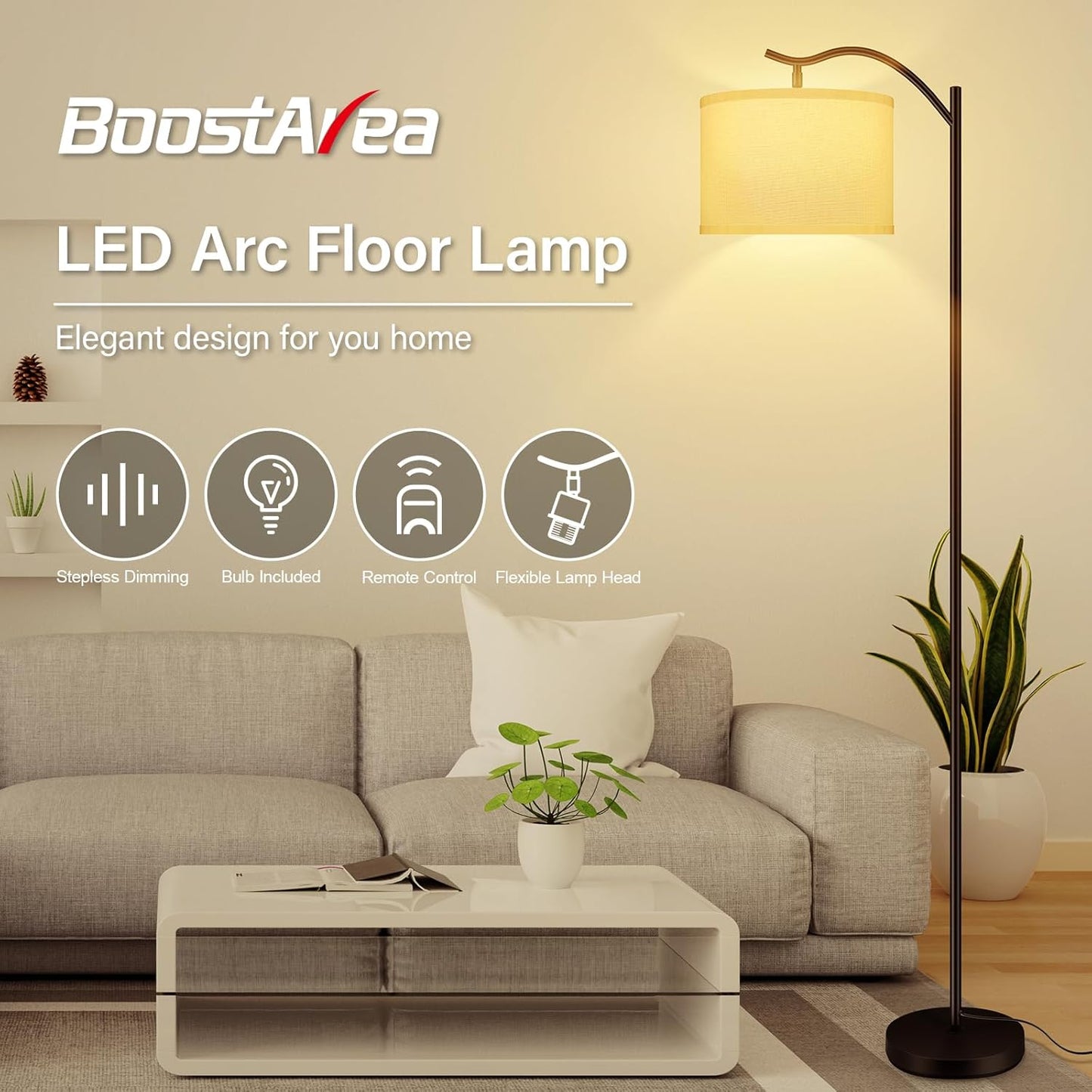 BoostArea Floor Lamp for Living Room,Arc Floor Lamp with Remote Control,Stepless Dimmable Brightness & Colors Temperature 2700k-6500k,Modern Standing Lamp for Bedroom Study Room Office,White