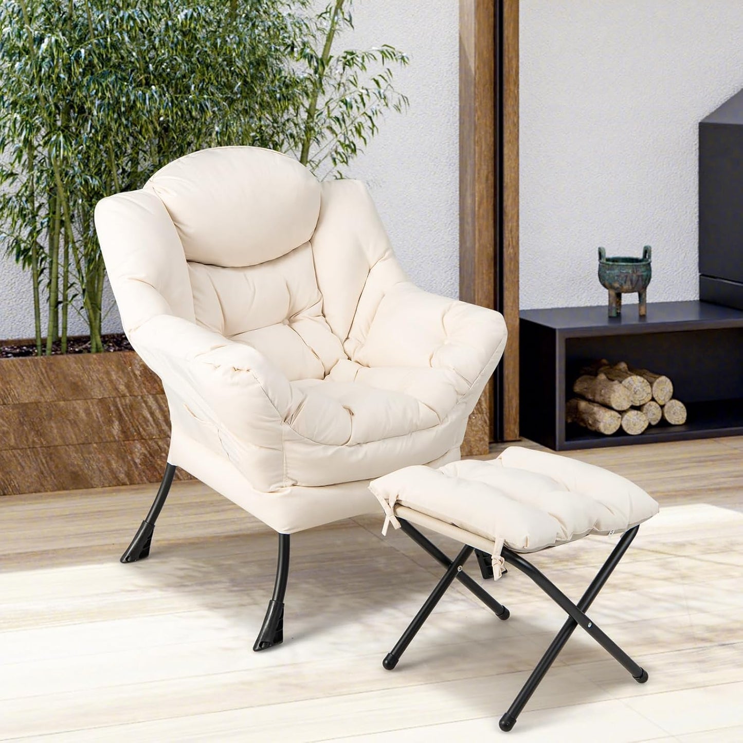 GOFLAME Lazy Chair with Ottoman, Modern Large Accent Chair with Folding Footrest, Head Pillow, Armrests and Side Storage Pocket, Upholstered Reading Chair for Living Room, Bedroom, Office, Beige