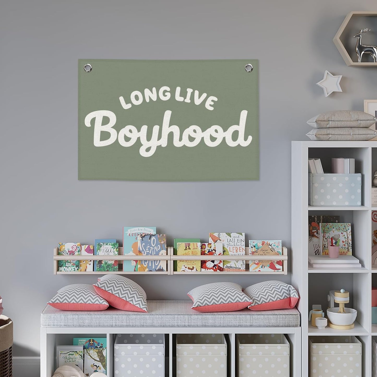 Long Live Boyhood Kids Banner Canvas, Green Boys Toddler Room Decor, Playroom Hanging Flag Sign, Nursery Wall Tapestry Art for Baby Shower Classroom Bedroom Decor 20x30in