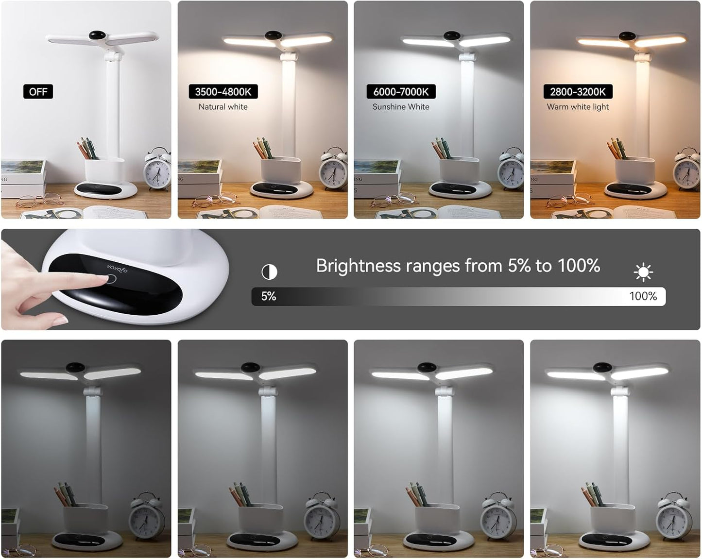 VAVOFO Eye-Caring Wireless Desk Lamp 6785 - Touch Control, 2700-7000K Color Temperature, 700 Lumens, Dual-Head Design, Pen Holder, USB-C Charging, 2400mAh Battery, 2.5hrs Wireless Use (White)