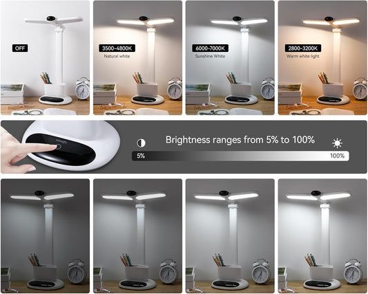 VAVOFO Eye-Caring Wireless Desk Lamp 6785 - Touch Control, 2700-7000K Color Temperature, 700 Lumens, Dual-Head Design, Pen Holder, USB-C Charging, 2400mAh Battery, 2.5hrs Wireless Use (White)