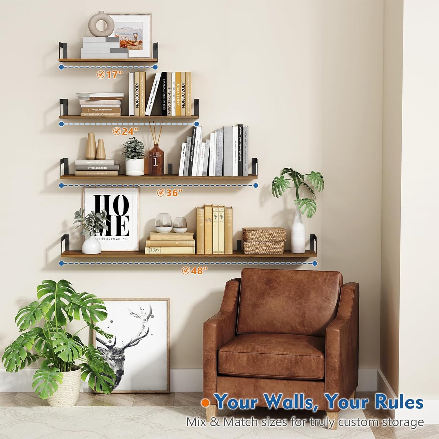 Floating Book Shelves for Wall Set of 3, 17 x 8 Inch Deep Wooden Wall Bookshelf for Bedroom Office, Rustic Wood Hanging Wall Shelves for Living Room Kitchen (Dark Brown)