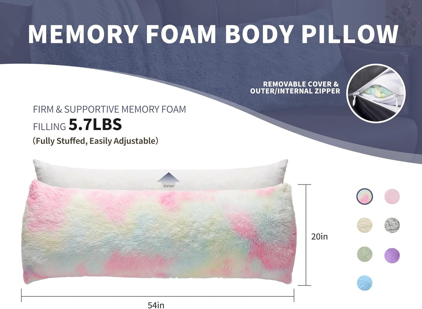 Leg Pillow for Side Sleeping 20x54 Large Bolster Pillow for Bed Weighted Firm Body Pillows with Cover for Adults Long Bed Back Sleeper Pillows for Sleeping Machine Washable Rainbow