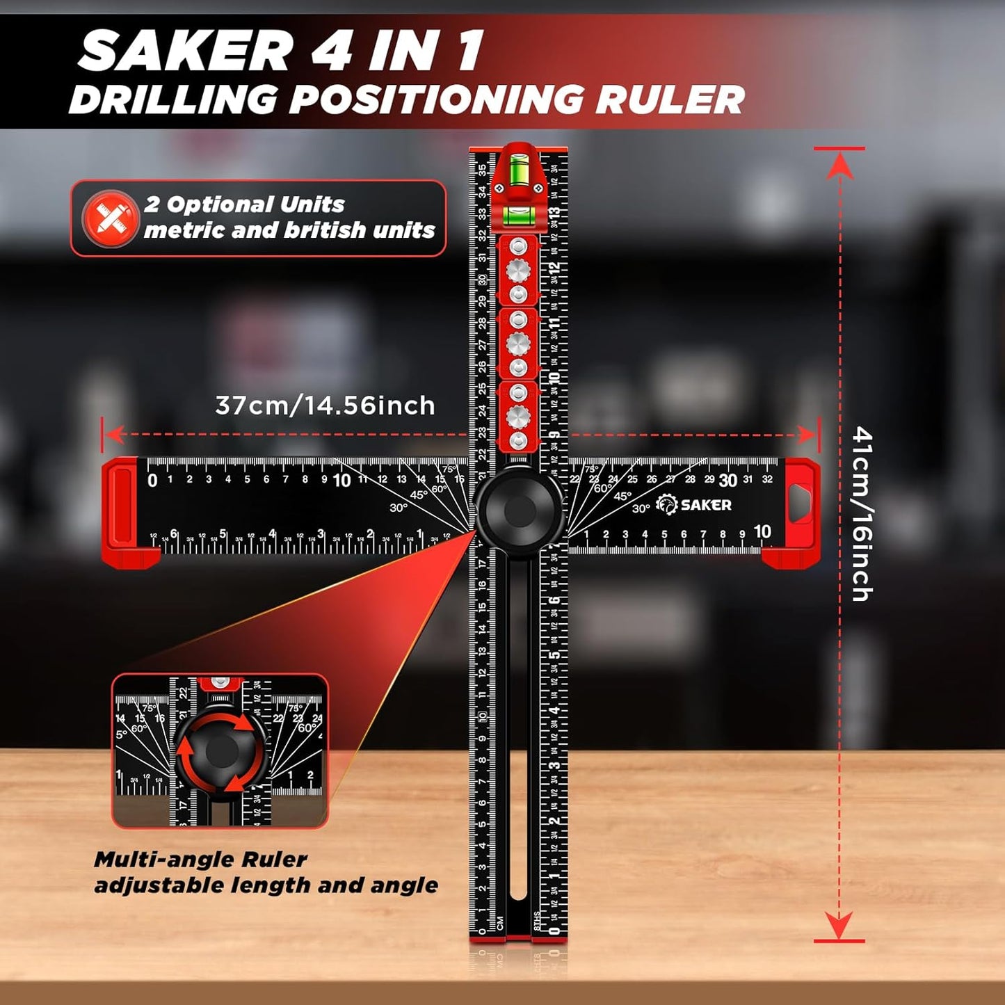 Saker 4-in-1 Drilling Positioning Ruler, Adjustable 13.78in Multifunctional T Square Ruler, Cabinet Hardware Jig, Marking Gauge Tools for Woodworking, Cabinet Drawer Door Hole Drilling Template