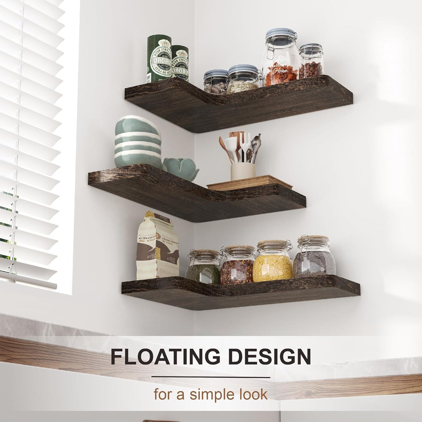 fuqing Floating Corner Shelves, Wall Shelf Set of 3, Shelves for Wall Storage, Solid Wood Shelves for Storage, Wall Mount Wooden Display Shelf for Bathroom Bedroom Kitchen Garage, Rustic Brown