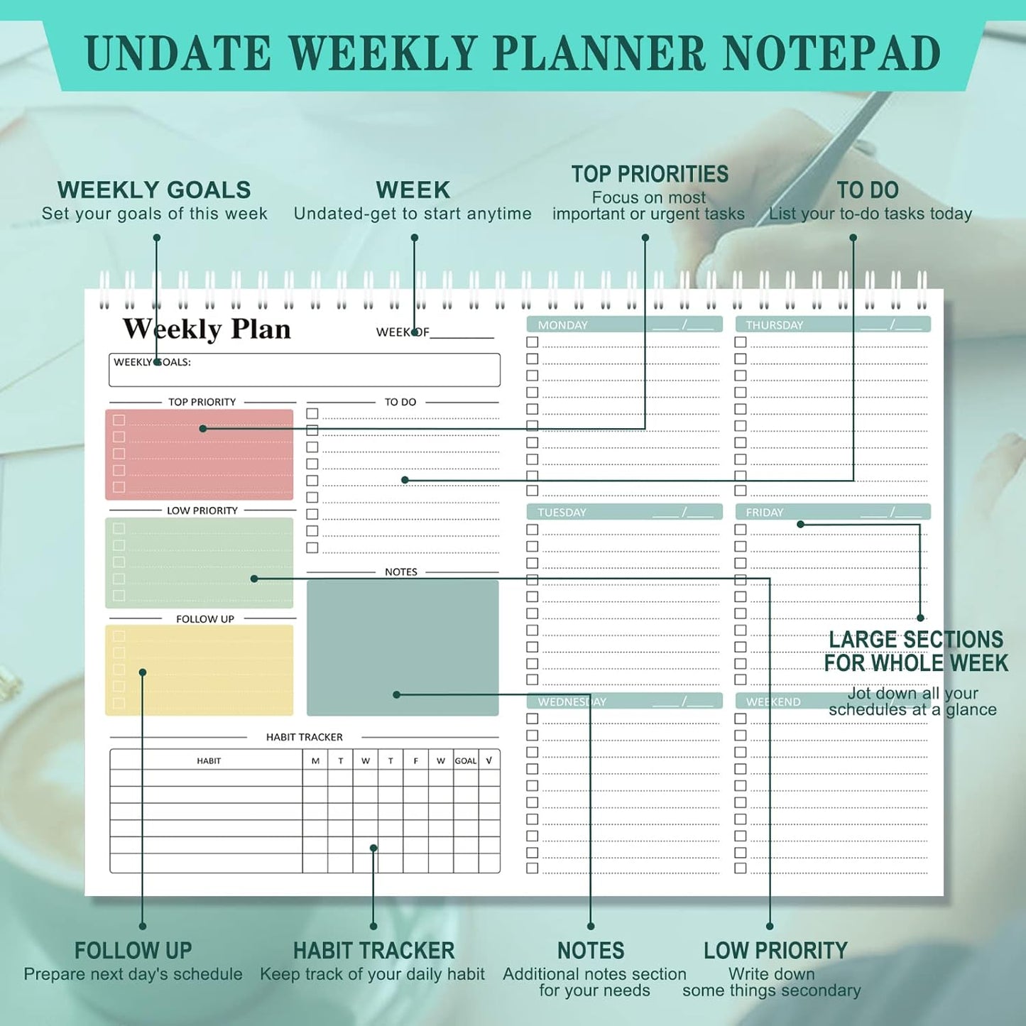 Ymumuda Weekly To Do List Notepad - Daily To Do List Undated 52 - Week Sheets, 8.5x11" Weekly Goal Notebook, Habit Tracker Journal, Excellent for Student School Work Personal Productivity Organizer