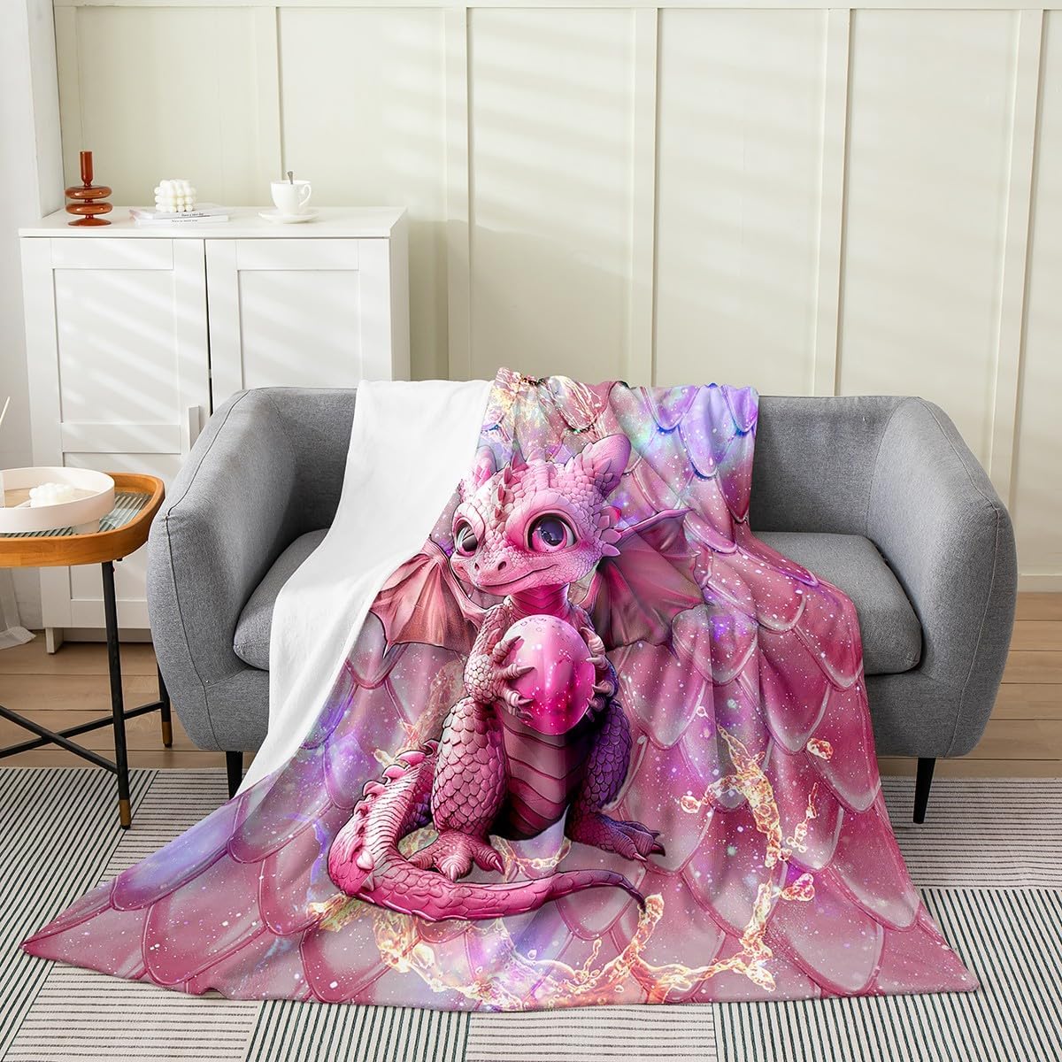 Feelyou Dragon Flannel Fleece Throw Blanket Throw 50"x60" Kids Cartoon Dragon Egg All Season Bed Blanket for Boys Teens Dragon Scale Pattern Fuzzy Blanket Pink Wild Animal Plush Blanket Room Decor