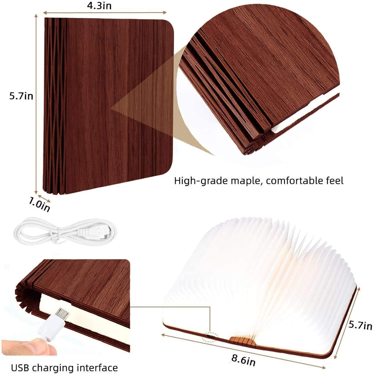 Vergissm Wooden Book Light, 3 Colors Folding Book Lamp, LED Book Light Rechargeable Foldable Paper Lamp for Home Decor Birthday Gifts