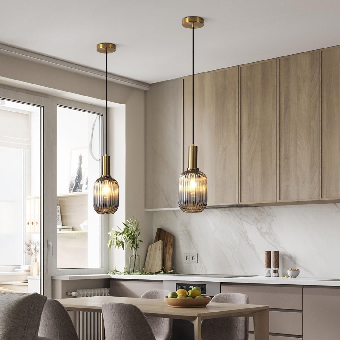 KCO Lighting Mini Smoke Glass Pendant Light Fixture 1-Light Brushed Gold Pendant Lights Kitchen Island Minimalist Globe Pendant Lighting Mid Century Modern Entry Hanging Light